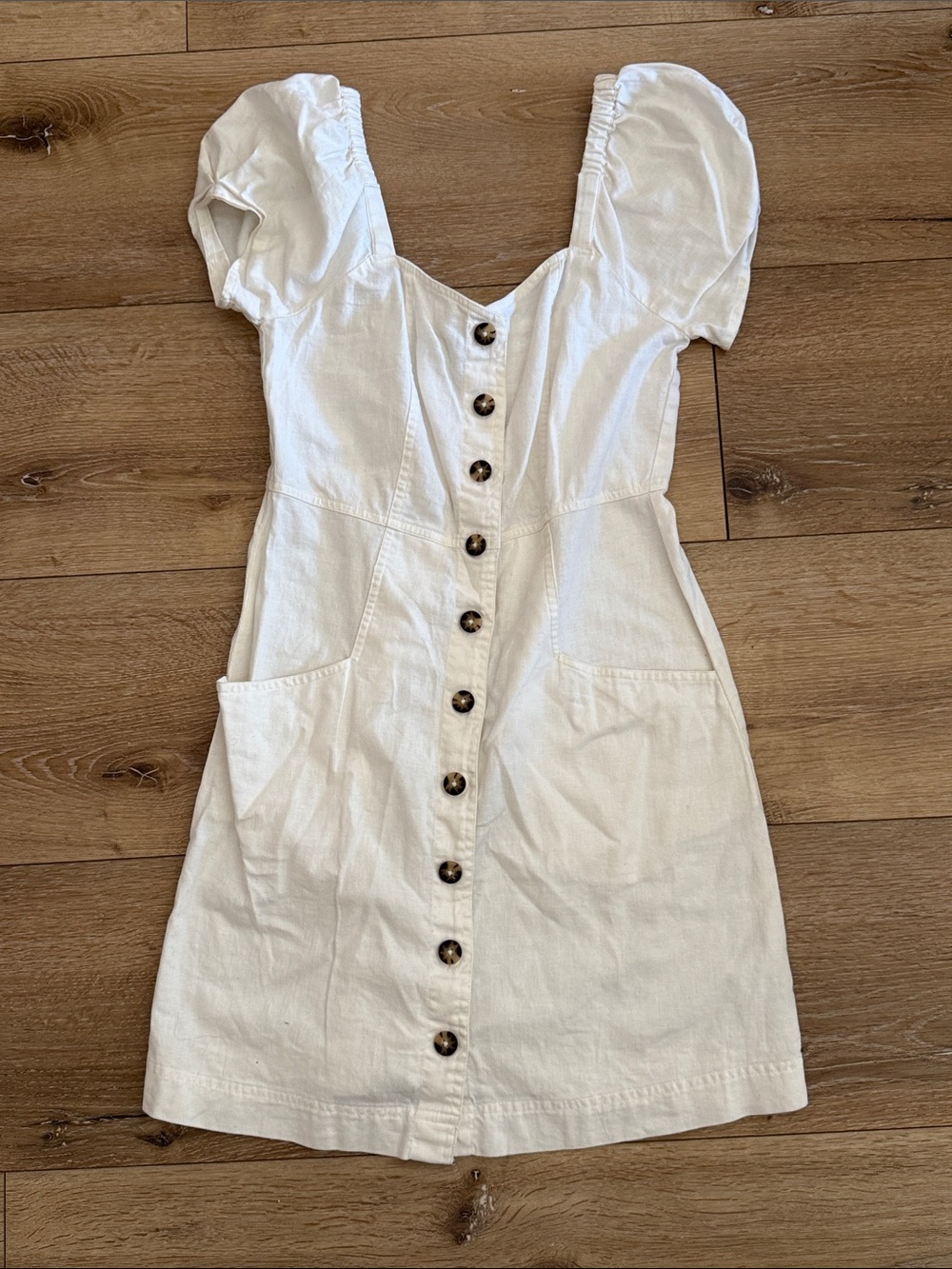 Madewell - linen/cotton button down Front Puff Sleeve Mini Dress